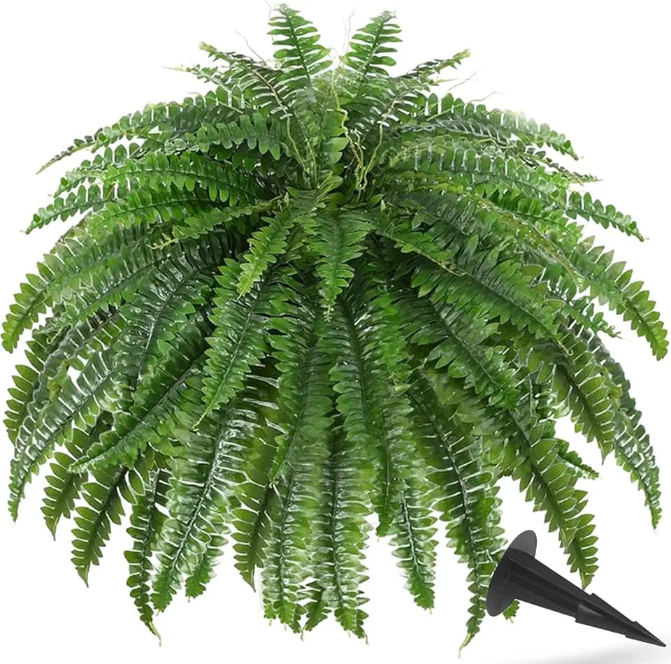 50" Realistic Artificial Ferns for Outdoors with 96 Fronds & Ground Spike