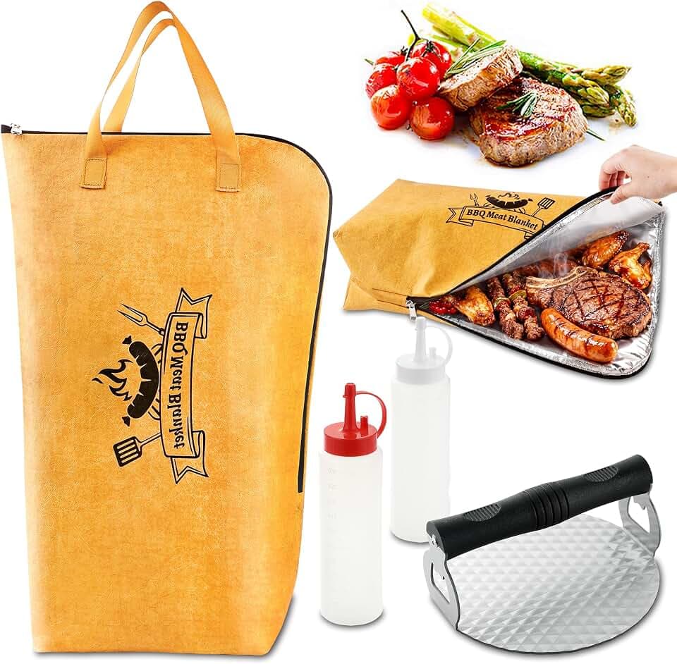 DY DECENT FAMILY BBQ Blanket for Resting Meat with Squeeze Bottle & Meat Press - Meat Resting Blanket for Brisket, Pork, Steak, Turkey - Grill Blanket for Outdoor Grill - Ideal BBQ Gift for Men Dad