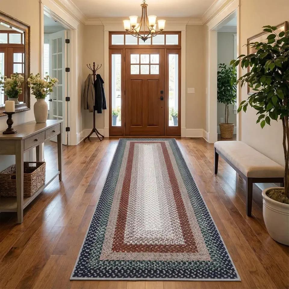 Washable Runner Rug 2x8 Hallway Runner Rug Non Slip Braided Print Indoor Soft Kitchen Rugs Stain-Resistant Foldable Thin Mat Low Pile Non-Shedding Accent Mat for Entryway Bedside Red/Blue