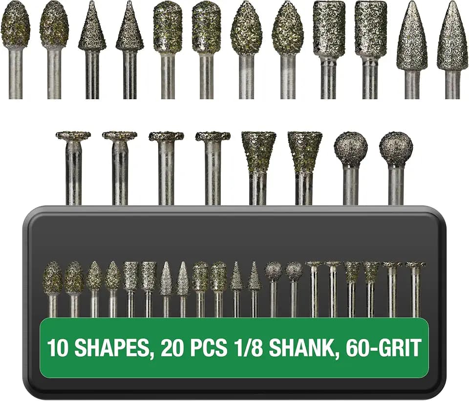 Diamond Burr Bits 20-Pc 1/8" Shank 60 Grit for Dremel Rotary Tool