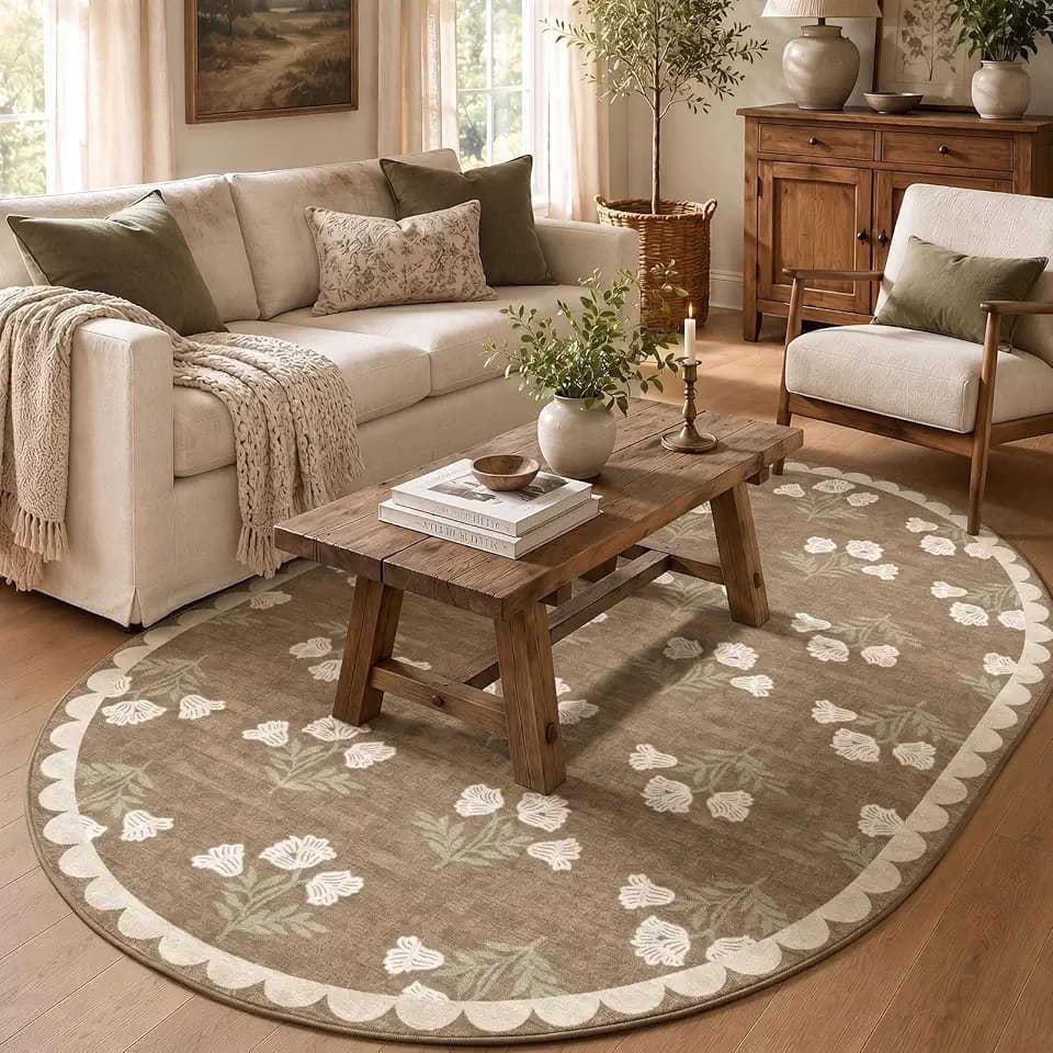 5x8 Living Room Oval Rug - Tan Floral Scalloped Bedroom Area Rug