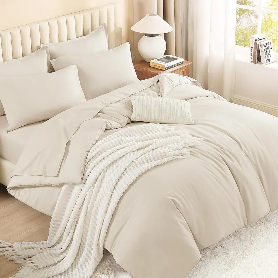 Litanika Beige Super King Comforter Set with Sheets - 7 Pcs Bed in a Bag