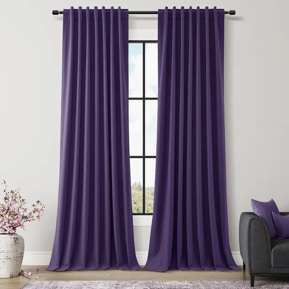 Guken 100% Blackout Linen Curtains 84 Inch Long for Bedroom 2 Panels Purple
