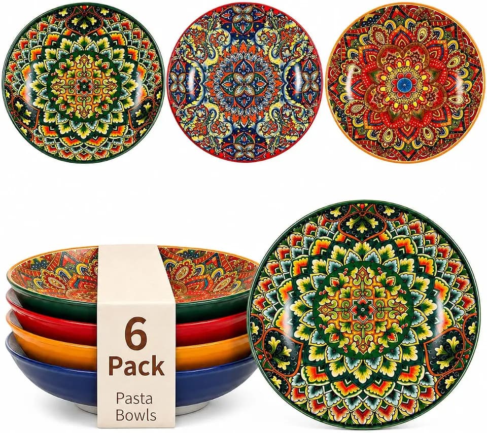 32 oz Pasta Bowls Set of 6, Large Ceramic Colorful Deep Plates, Bohemian Style Soup Salad Bowls, Dishwasher & Microwave Safe for Kitchen, Boho Vibrant Dinnerware