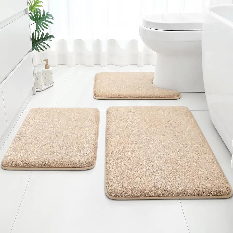 HOMEIDEAS Bathroom Rugs Sets 3 Piece, Absorbent Non Slip Bath Mat, Beige