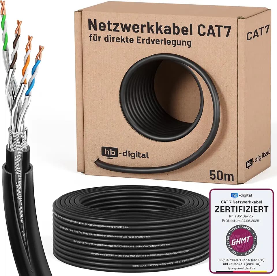 HB-DIGITAL 50m CAT 7 Outdoor Doppelmantel Netzwerkkabel - Schwarz