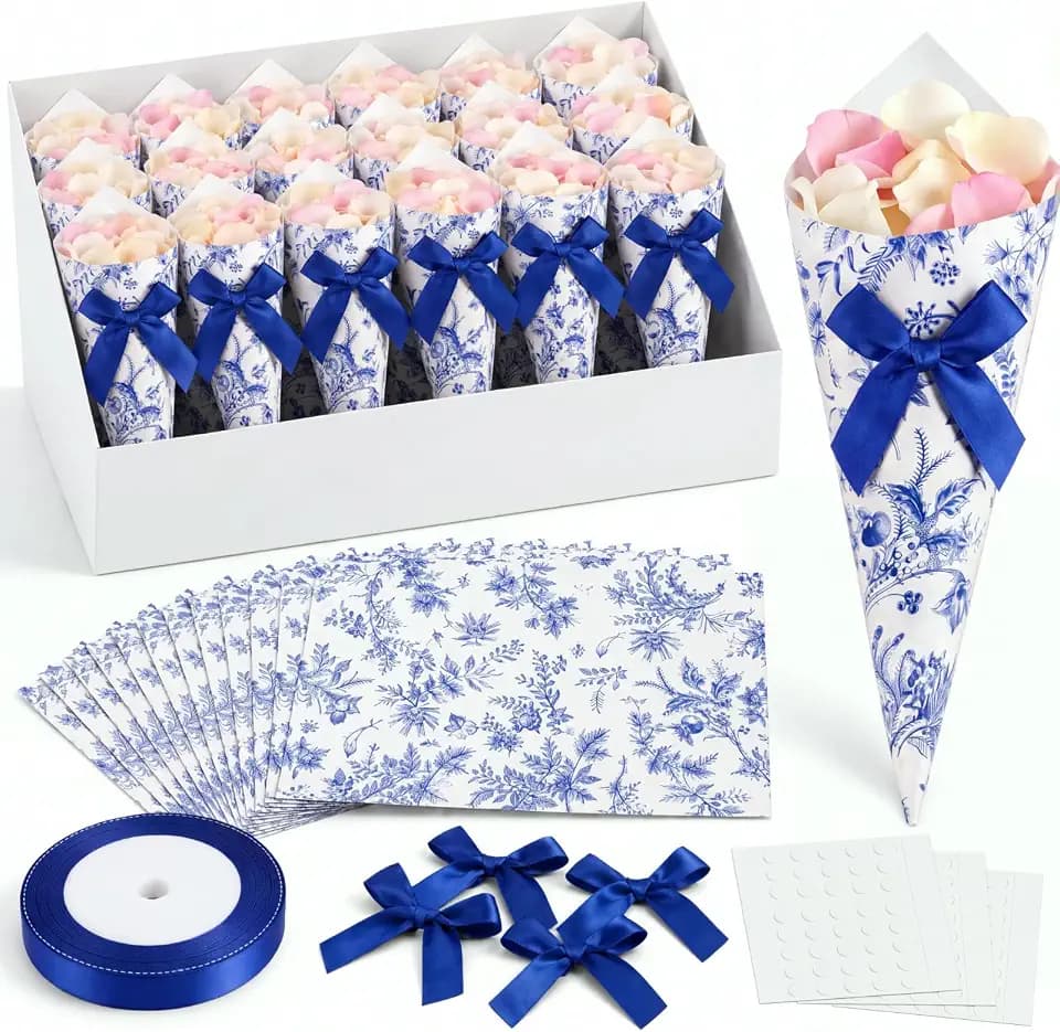 50 Set Wedding Confetti Cones Blue Floral Cards Pretied Bows Satin Ribbons Paper Petal Toss Cones for Flower Wedding Bridal Shower Party Decorations