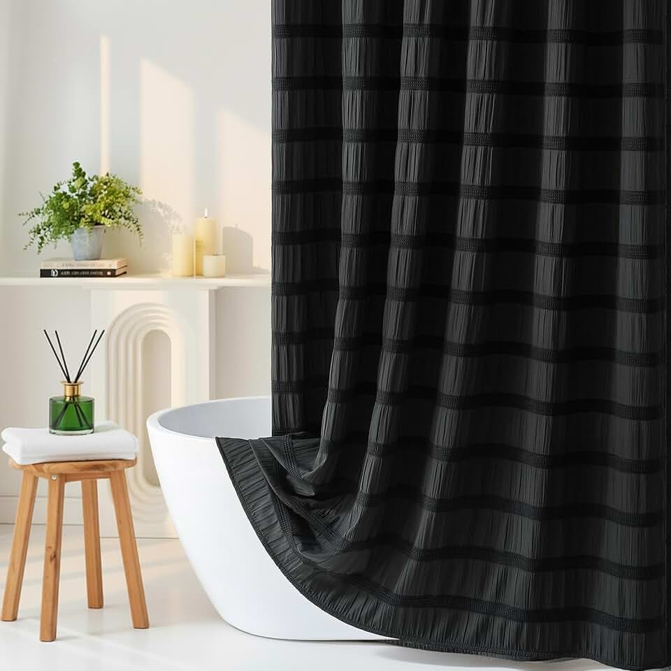 Black Shower Curtain Boho, Cotton Blend Waffle Shower Curtain Chic Textured Fabric Shower Curtains for Bathroom, 72 x 72