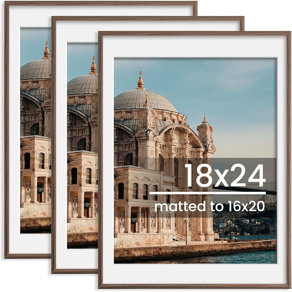 FLYJOE 18x24 Picture Frame, Display Pictures 16x20 with Mat or 18x24 Without Mat, Wall Hanging Photo Frame, Walnut, 3 Pack