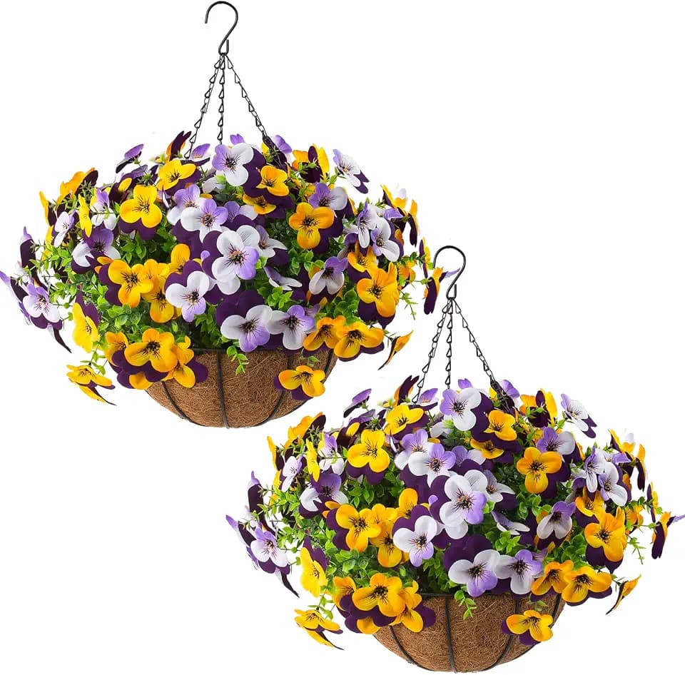 2 Set Artificial Outdoor Pansy Flowers with Hanging Baskets, 24 Pcs Silk Flowers with Hanging Baskets for Spring Easter Decorations Porch Patio Home Decor (2, Purple, Yellow, White, Light Purple)