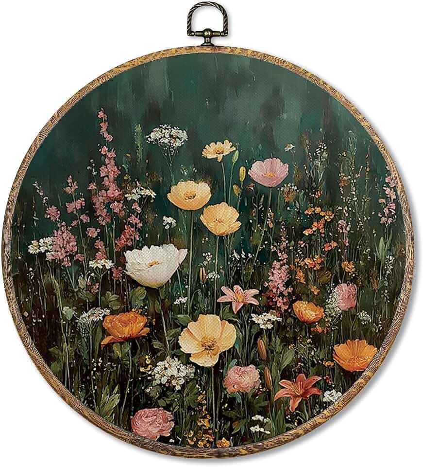 Sufamb Vintage Wildflower Round Wall Art Decor, Dark Academia Canvas Artwork Framed, Rustic Farmhouse Botanical Floral Wall Hanging Prints Decorations for Home Living Room Bedroom Decor, 10x10 Inches