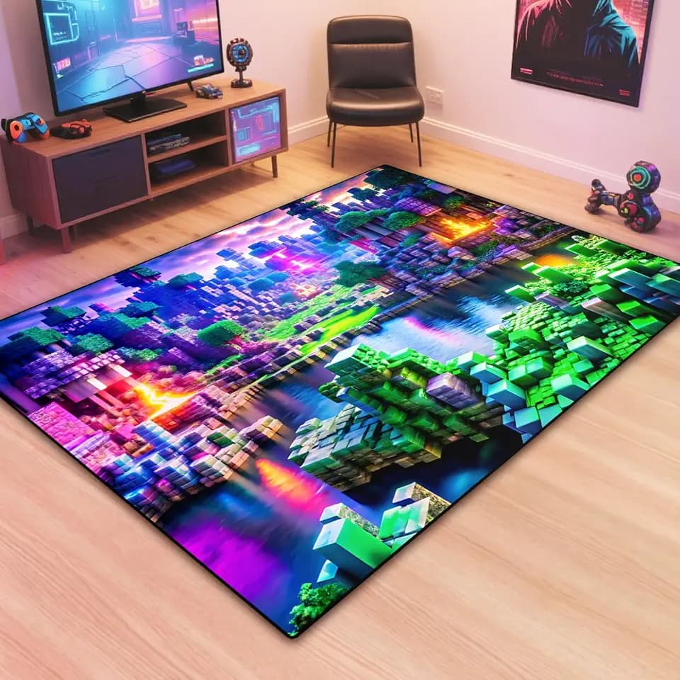 Block Game Rug Teen Kids Carpet, Pixel Games Scene Decoration Mat, Washable Cube Block Game Rugs for Boy's Bedroom Living Room Playroom, Non-Slip Children Gaming Area Rugs, Purple Field, 60" x 40"