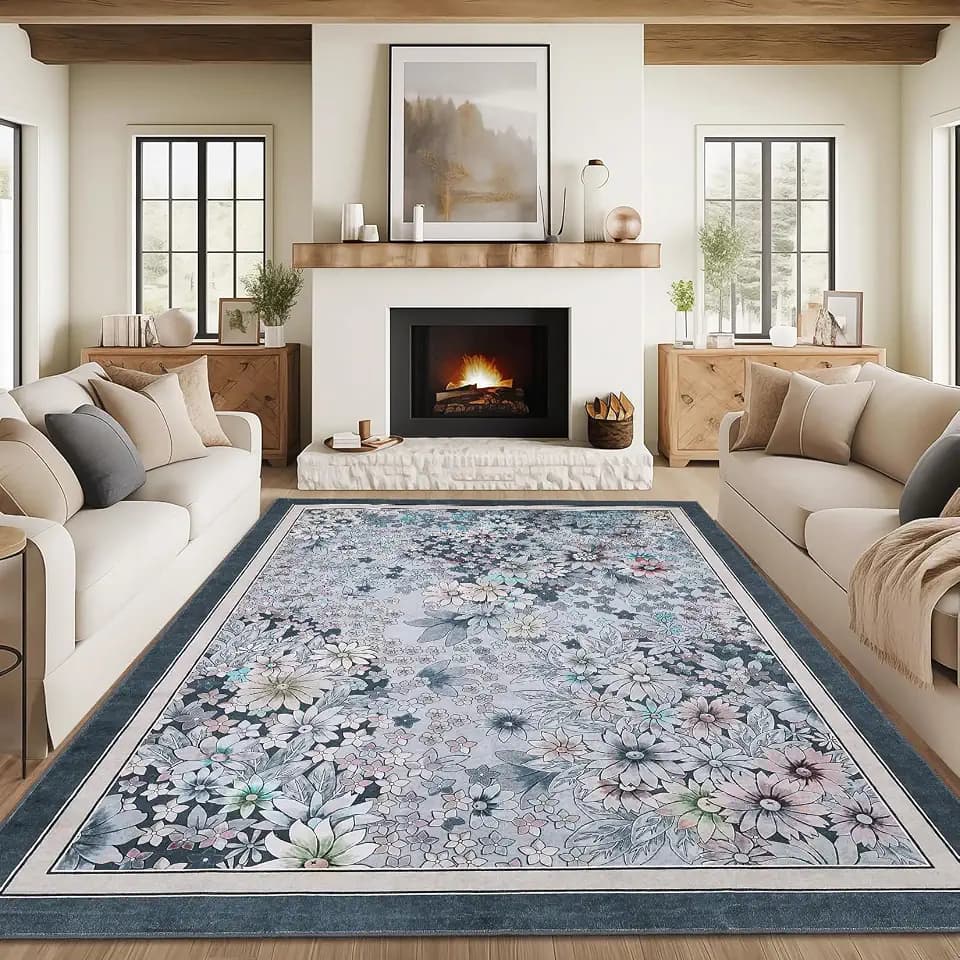 GarveeHome Washable 10x13 Area Rugs for Living Room Boho Non Slip Large Rug Floral Vintage Low Pile Carpet Rug for Living Room, Bedroom, Farmhouse, Dining Room, Kids Playroom Gray Blue