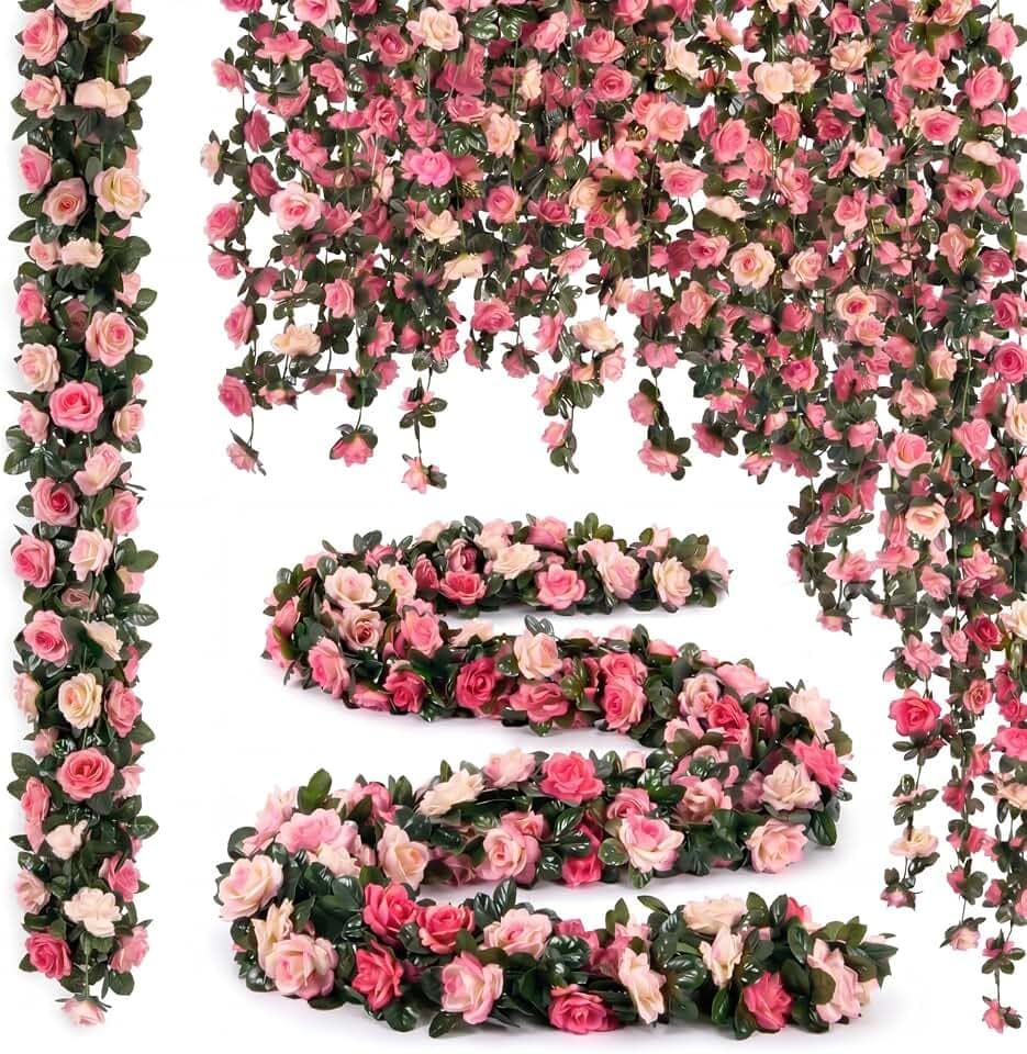 Suncalla 30 Pcs 246ft Flower Garland Artificial Vine with Green Leaves Hanging Fake Flower Vines Ivy Garlands Wall Garden Decor for Room Wedding Birthday Arch Decor (Pink)