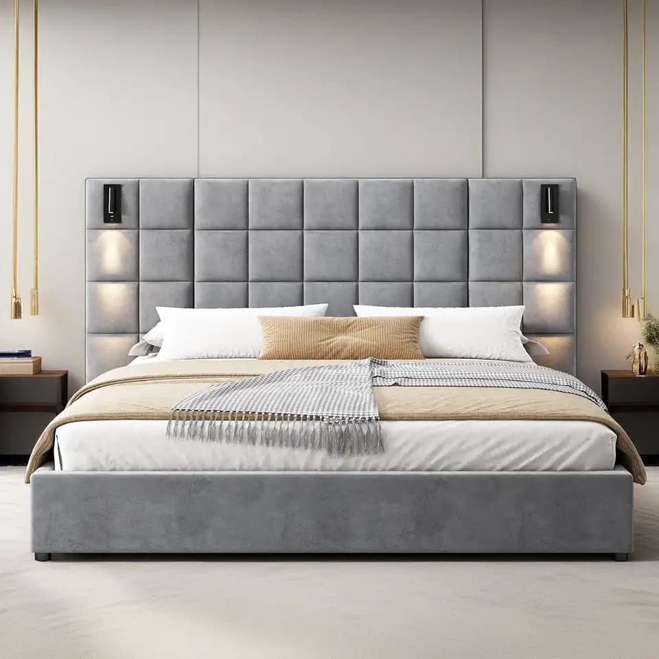 Christopher Knight Home Svens 46" High Headboard Bed, King Size Platform Bed Frame, Soft Velvet Bed Frame, King Size Headboard, Square Pattern Design with Reading Lamps and USB Ports, Grey