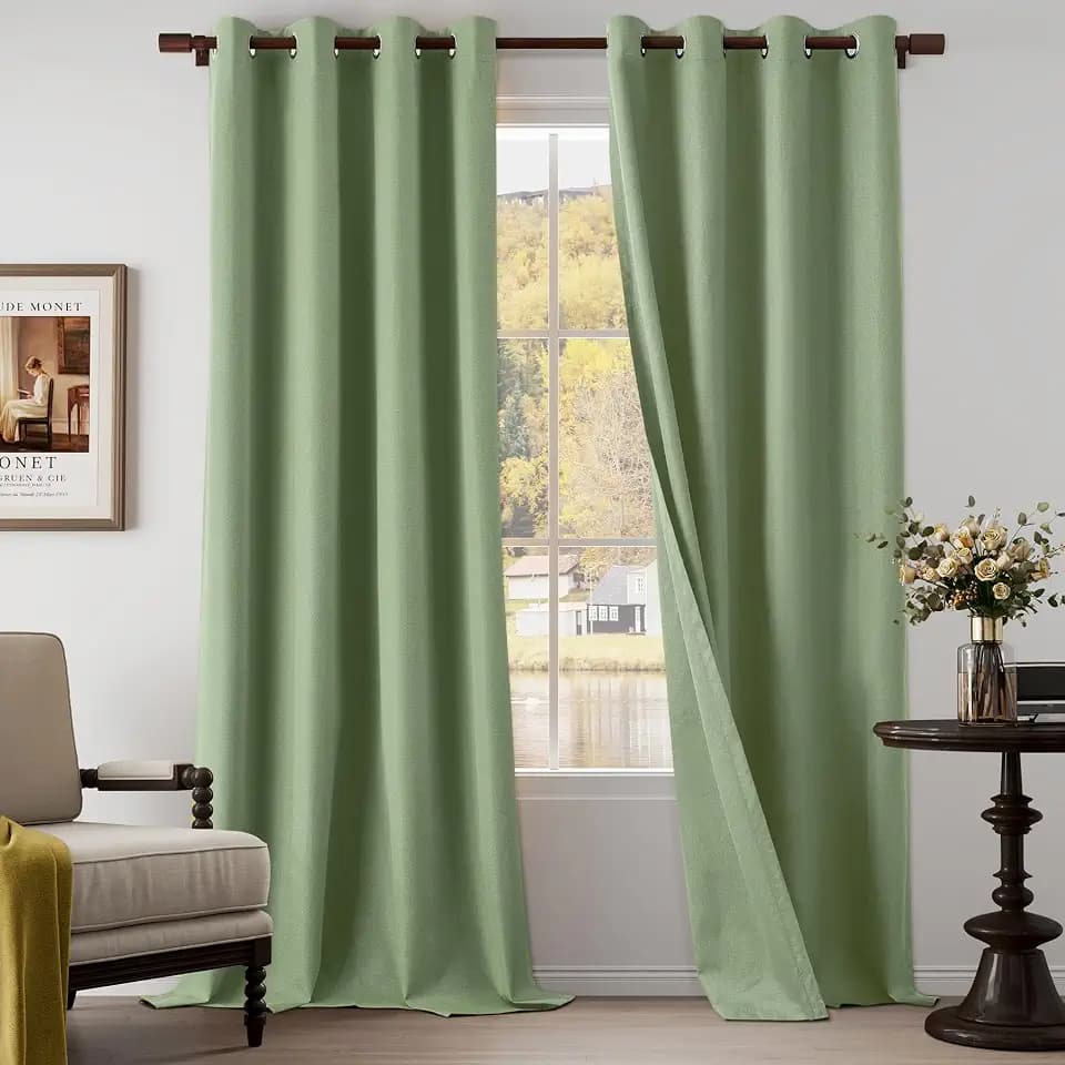 100% Blackout Linen Textured Curtains 108 Inch Length 2 Panels Set for Living room, Bedroom, Light Weight Curtains with Grommets Top, Full Blackout Curtains Privacy Protection, Green, 52" W x 108" L