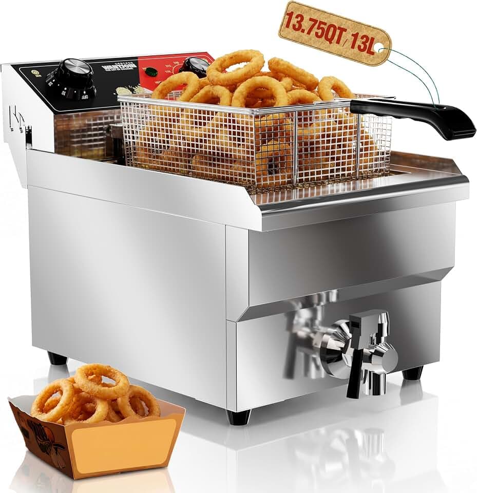 WantJoin Deep Fryer - 13.75Qt/13L Electric Fryer with Basket Single Tank, 60-Min Timer, Temperature Control, Overheat Protection and Oil Drain for Commercial and Home Use, 1600W