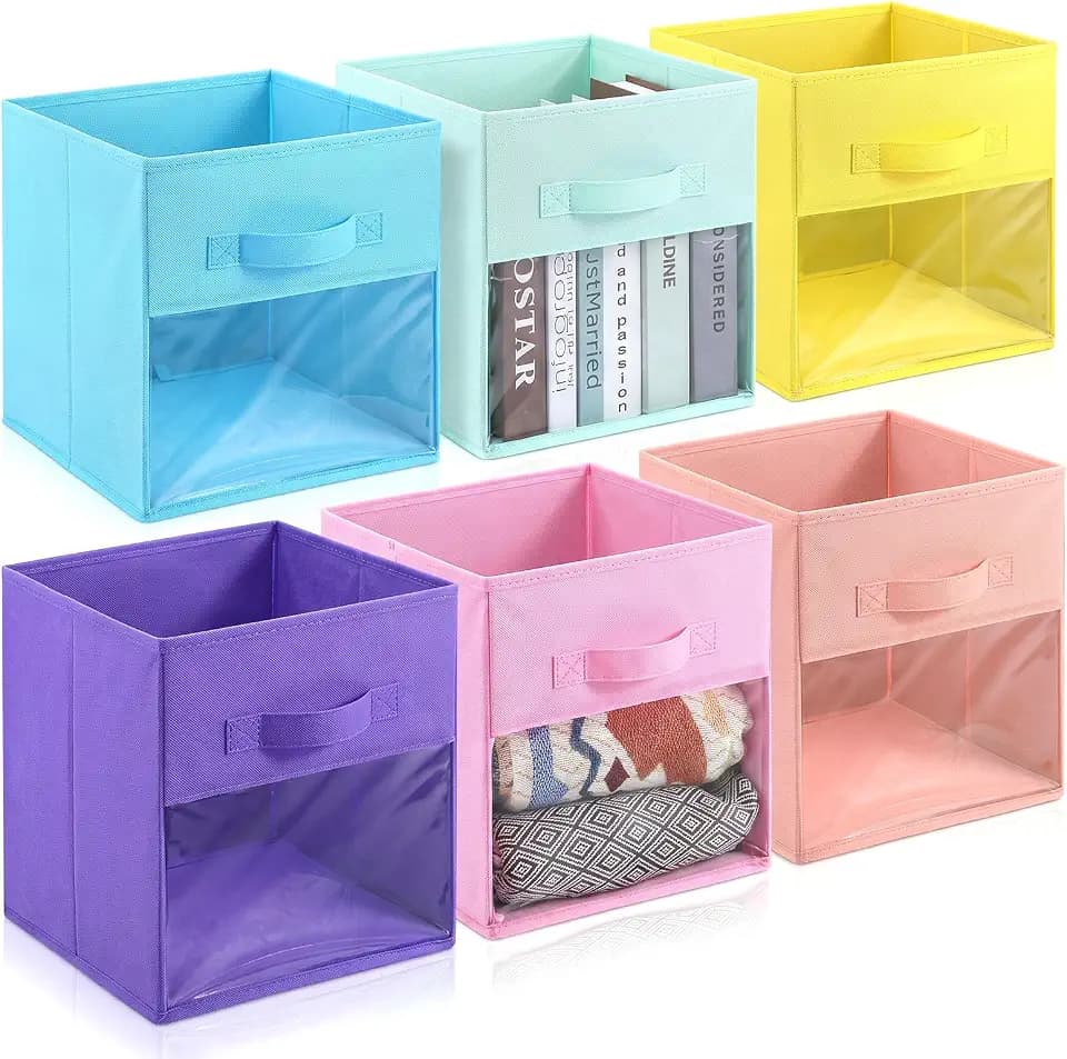 6 Pack 10.5x10.5x11 Inch Fabric Storage Cubes with Clear Window, Foldable Organizer Bins with Handles for Clothes, Books, Multi-Color
