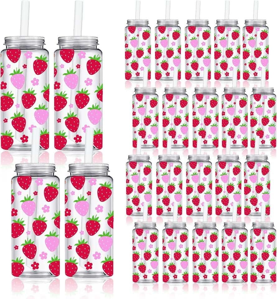 JarThenaAMCS 20Pcs Red Pink Strawberry Plastic Cups with Lids and Straws Clear Party Drinking Cups Reusable Tumblers for Summer Wedding Baby Shower Birthday