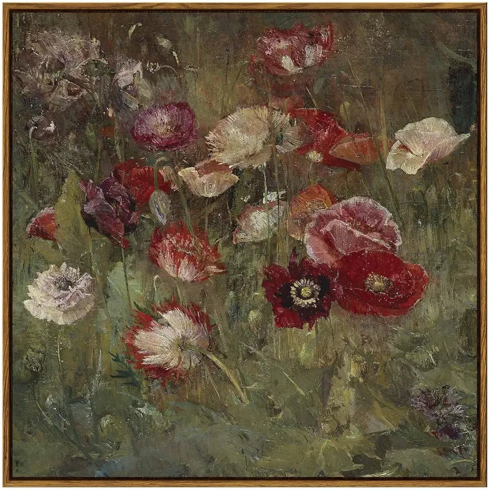 InSimSea Square Framed Canvas Wall Art, Large Decor A Bed of Poppies Paintings, Classical Floral Wall Pictures for Bedroom Bathroom Living Room, Canvas Prints Vintage Home Decor 24"x24"