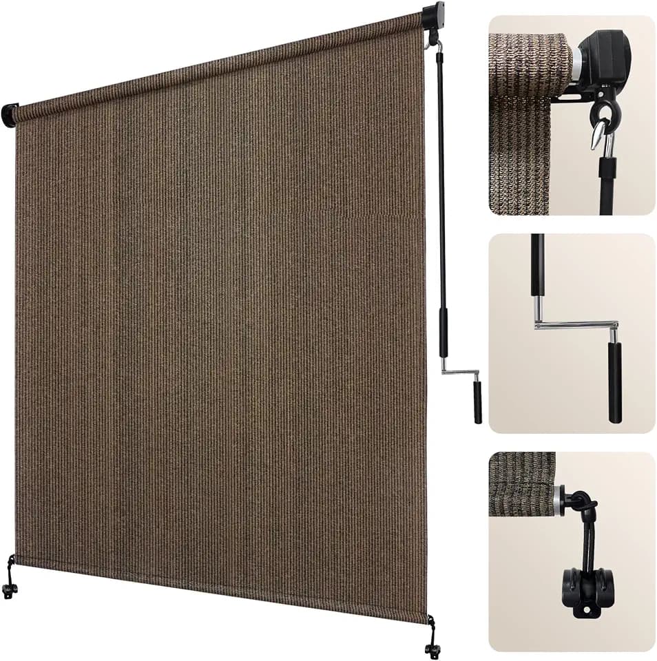 Artpuch Outdoor Roller Shade 12' W x 8' H, Mocha Exterior Cordless Patio Shades Roll Up Blinds with Spliced Pole Design, One-Piece Fabric