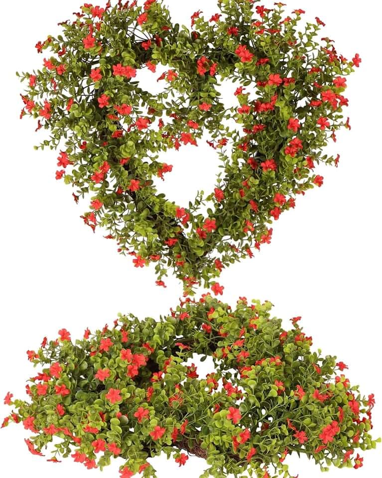 Spring Boxwood Wreath with Red Flowers 22 inch Real Touch Artificial Greenery Wreath for Front Door, Wedding, Anniversary, Farmhouse & Spring Home Décor