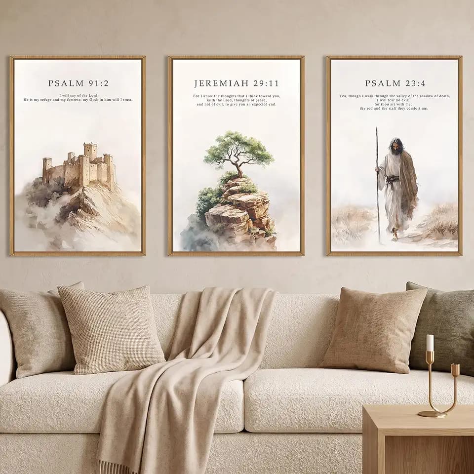 Bible Verse Psalm Shepherd Scene Framed Canvas Wall Art Set-16"x24"x3