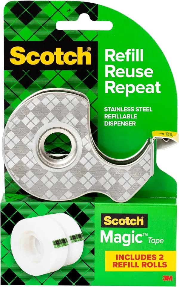 Scotch Magic Stainless Steel Dispenser with 2 Rolls Tape, 3/4 in x 600 in (19 mm x 15.2 m)