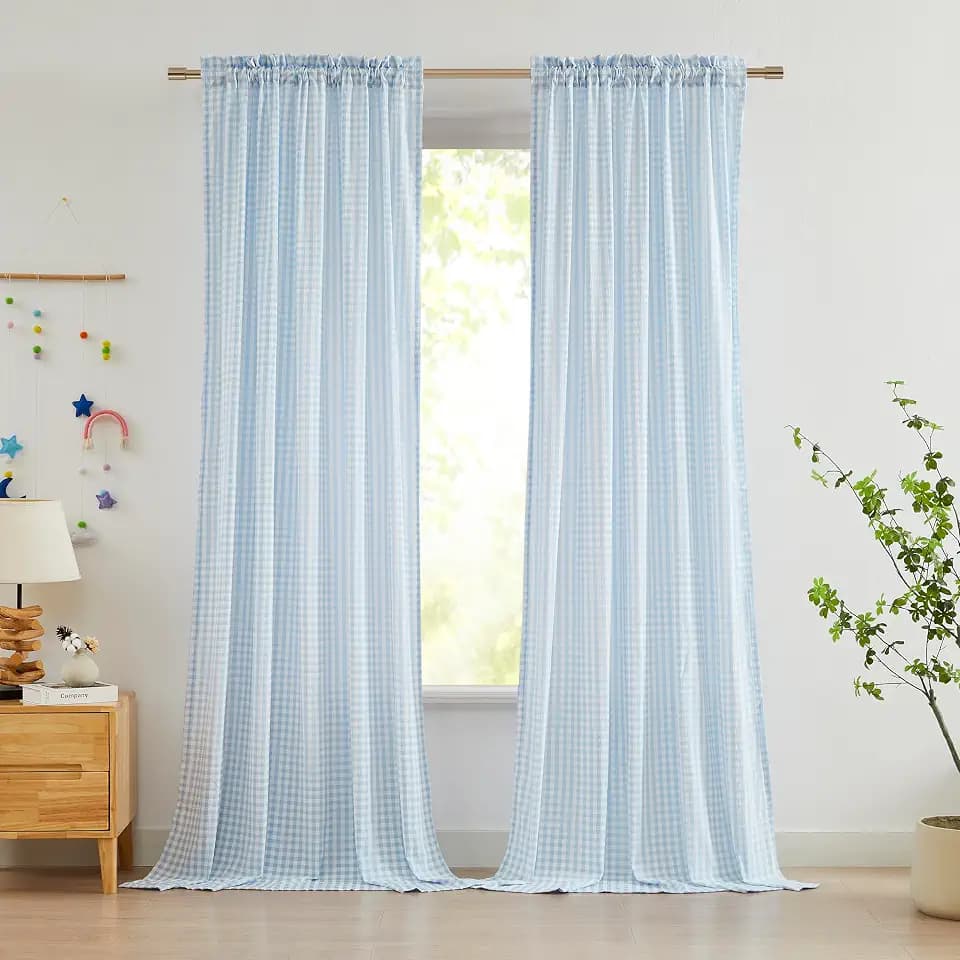 ZJDECOR Blue White Buffalo Plaid Sheer Curtains 90 Inches Long for Bedroom