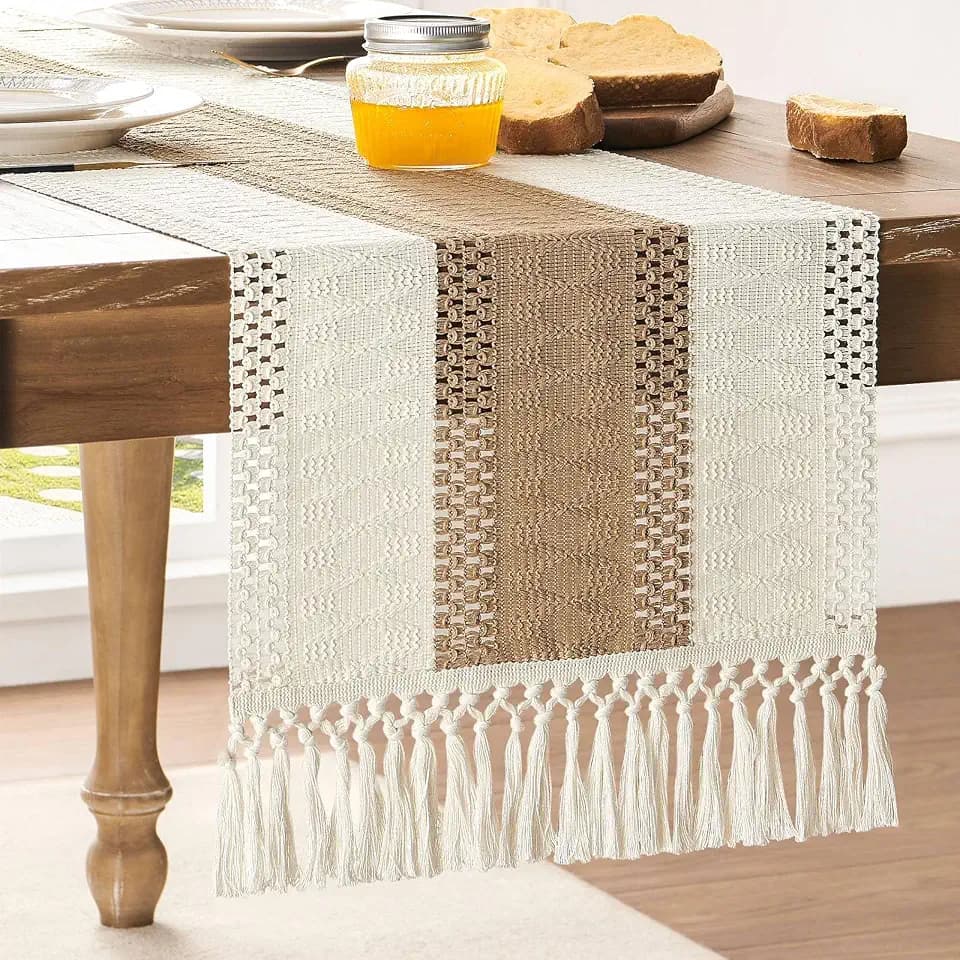 ZeeMart Macrame Style Bicolor Stitching Table Runner 14x90in Brown