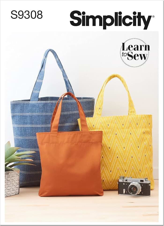 Simplicity S9308 Tote Bag Sewing Pattern, Unlined Tote Bags with Inside Pockets, Three Sizes, One Size