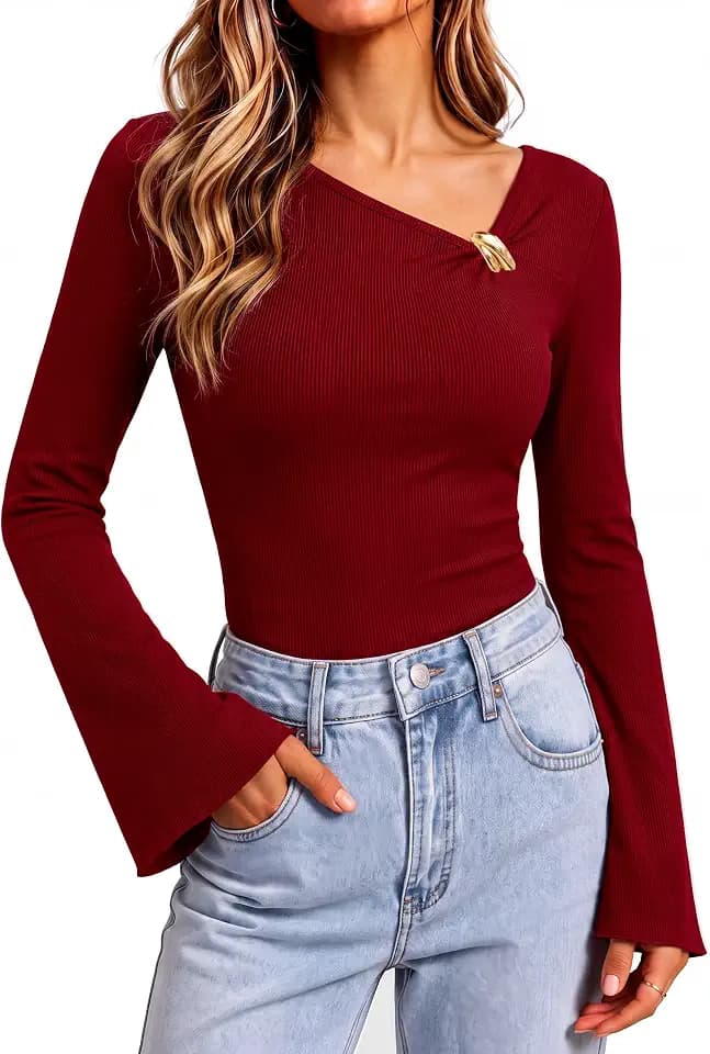 Women's Asymmetrical Neck Ribbed Knit Bell Sleeve Slim Fit Going Out Top