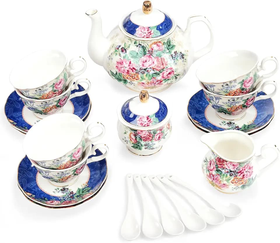 fanquare 21-Piece Blue Lace Porcelain Tea Set, China Coffee Cup and Saucer Set for 6, Pink Flower Tea Sets for Adults Women