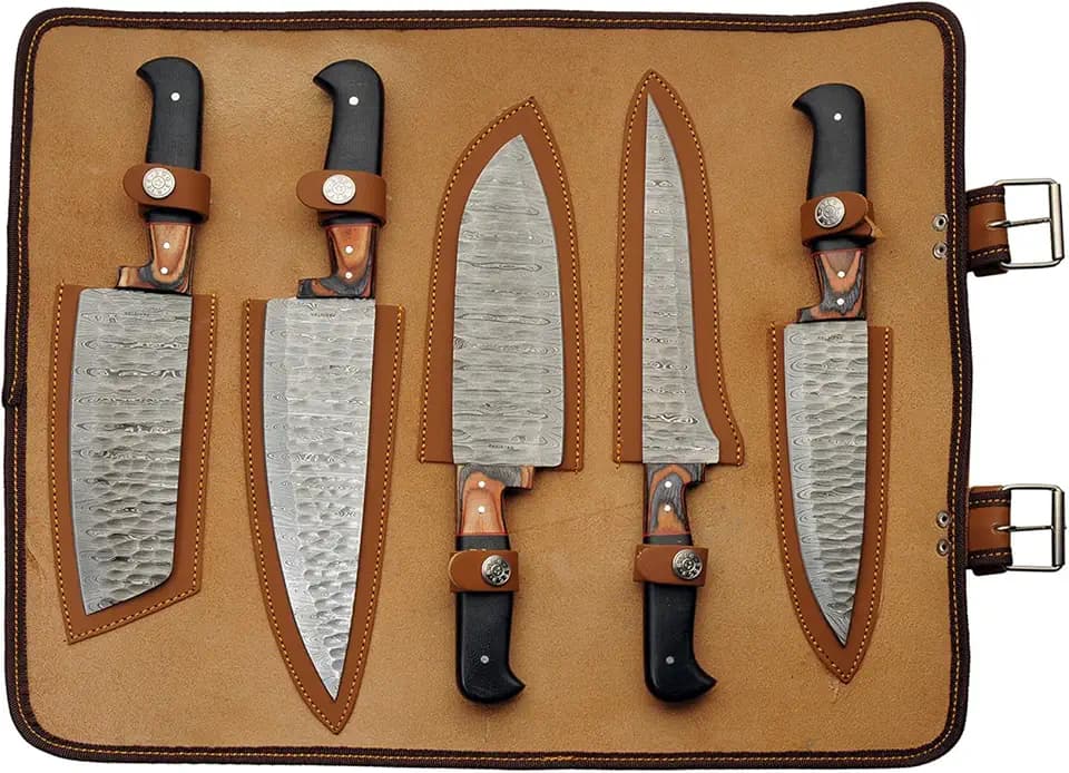 SZCO Kitchen Hammered Knife Roll Set 5PC, Wood Handle Chef Knife Set