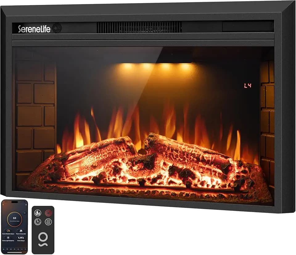 SereneLife Electric Fireplace Insert with Heater | Smart Wi-Fi App Control & Remote | 700W/1500W Adjustable Thermostat with Overheat Protection | 36"x21" Recessed or Wall Mount Design