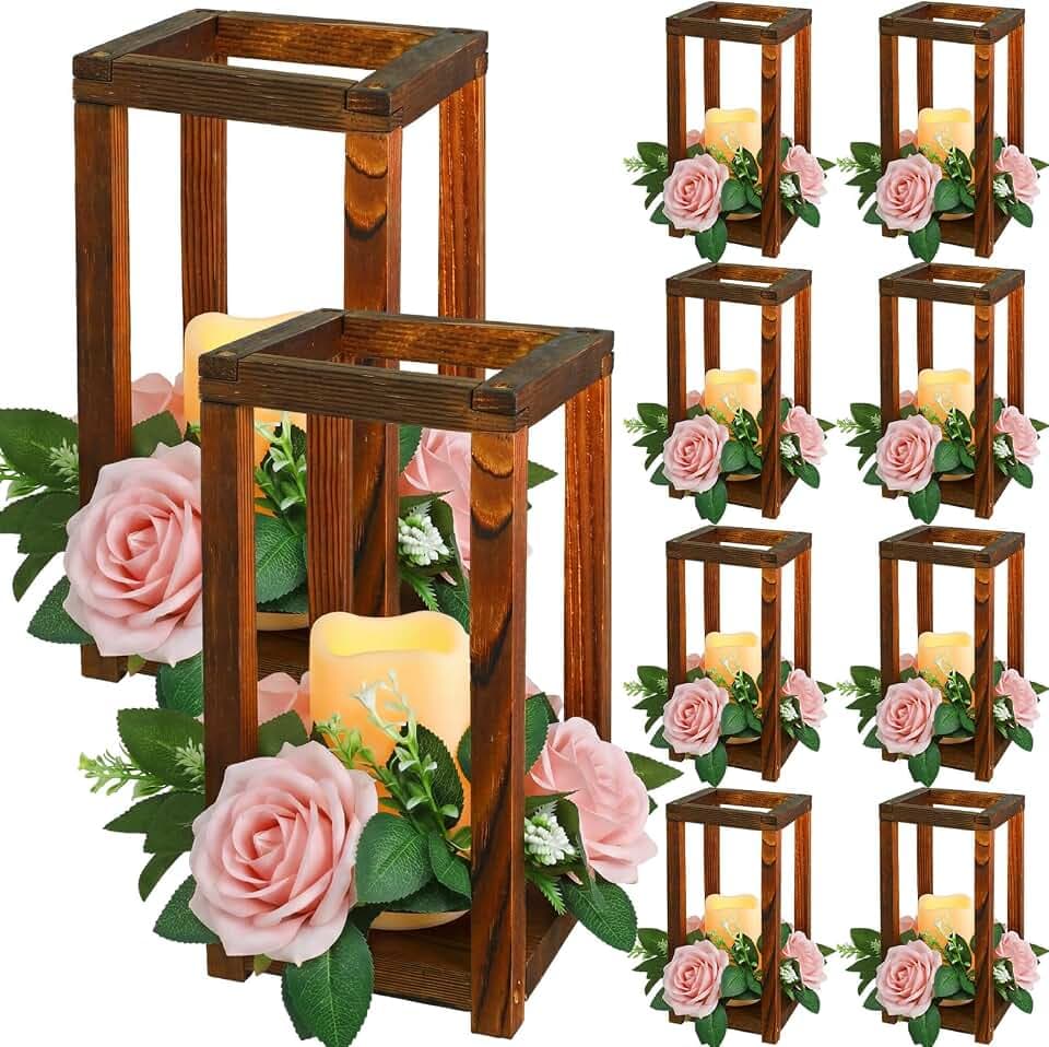 Hushee 30 Pcs Wooden Wedding Lantern Centerpiece, Pink Rose, Brown