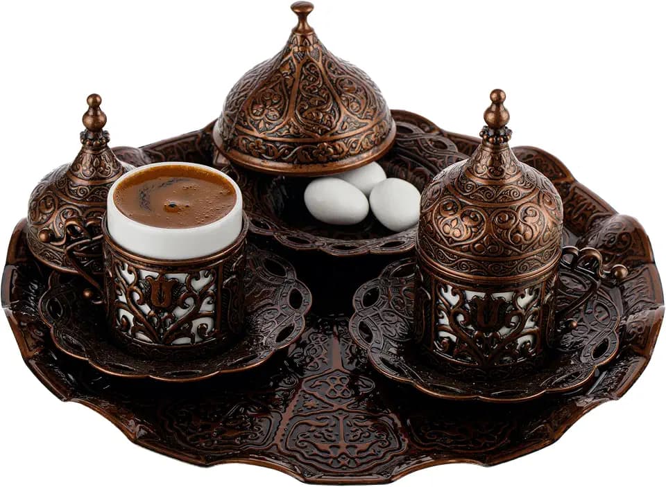 DEMMEX 2024 Turkish Greek Arabic Coffee Serving Set with Cups, Saucers, Cup Holders, Lids, Sugar Bowl & Lid and Tray, 11 Pcs (Antique), Medium