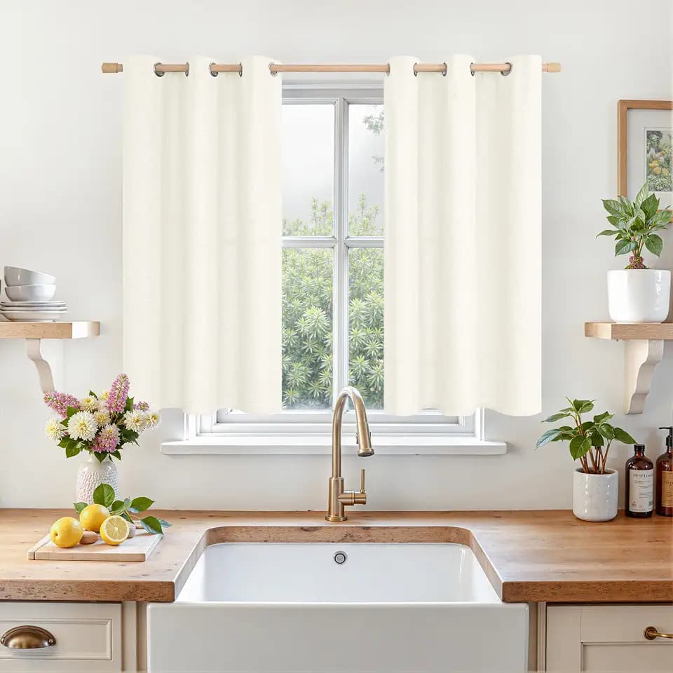LAMIT Short Linen Curtains 40 Inches Long for Kitchen Window 2 Panels