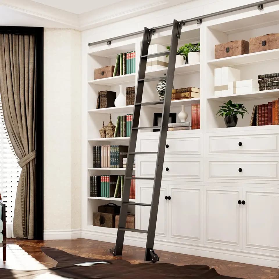 DIYHD 96" Lightweight Rolling Library Ladder with 4FT Sliding Rail, Black