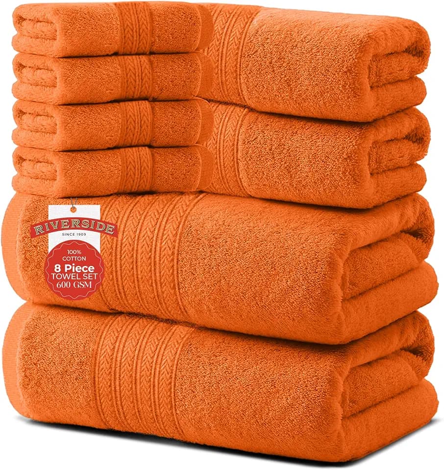 RIVERSIDE Pack of 8 Towels Set, 2 Large Bath, 2 Hand, 4 Face Washcloths, 100% Cotton Hotel Quality, Super Soft, Quick Dry, Highly Absorbent Perfect for Bathroom, Orange
