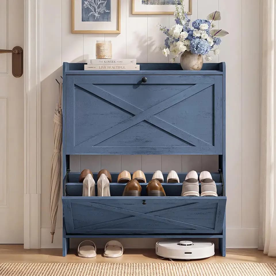 VASAGLE Narrow Shoe Storage Cabinet Organizer with 2 Flip Drawers