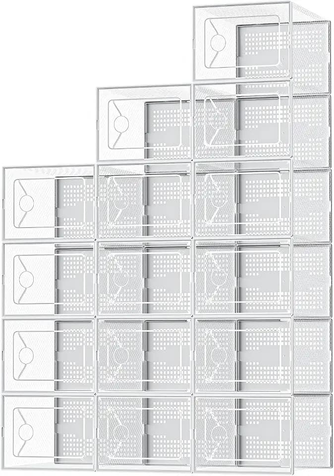 OLIXIS Shoe Storage Boxes, 15-Pack Clear Stackable Shoe Organizers with Lids, Sneaker Display and Storage Containers for Closet, Under Bed, Entryway, White