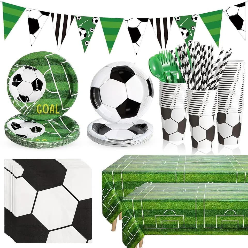 FillTouch 195 Pcs Soccer Party Supplies 24 Guest Disposable Dinnerware with Soccer Tablecloth Paper Plates Cup Napkin Plastic Fork Knives Spoon and Banner for Sports Party Birthday Decorations