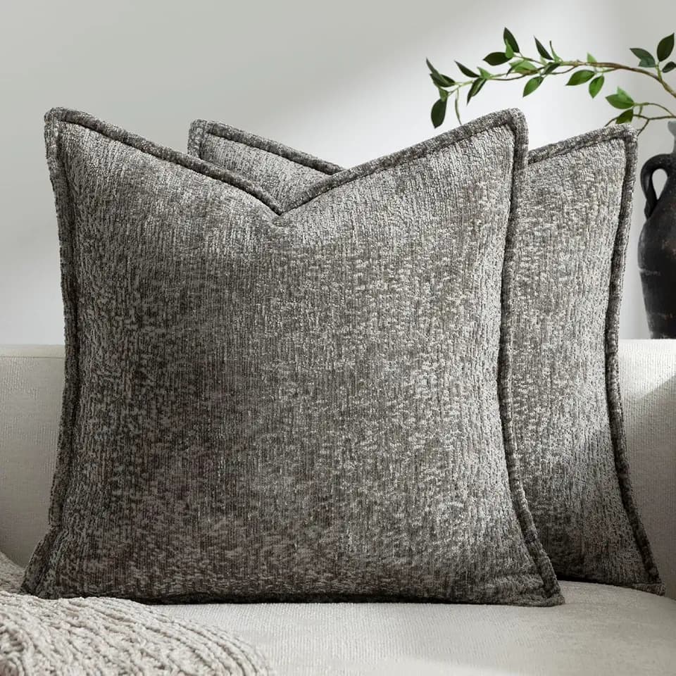 DEZENE Pack of 2 Grey Decorative Throw Pillow Covers 22x22 Cozy Soft Chenille Accent Vintage Square Couch Pillow Covers for Home Decor Bed Sofa Living Room