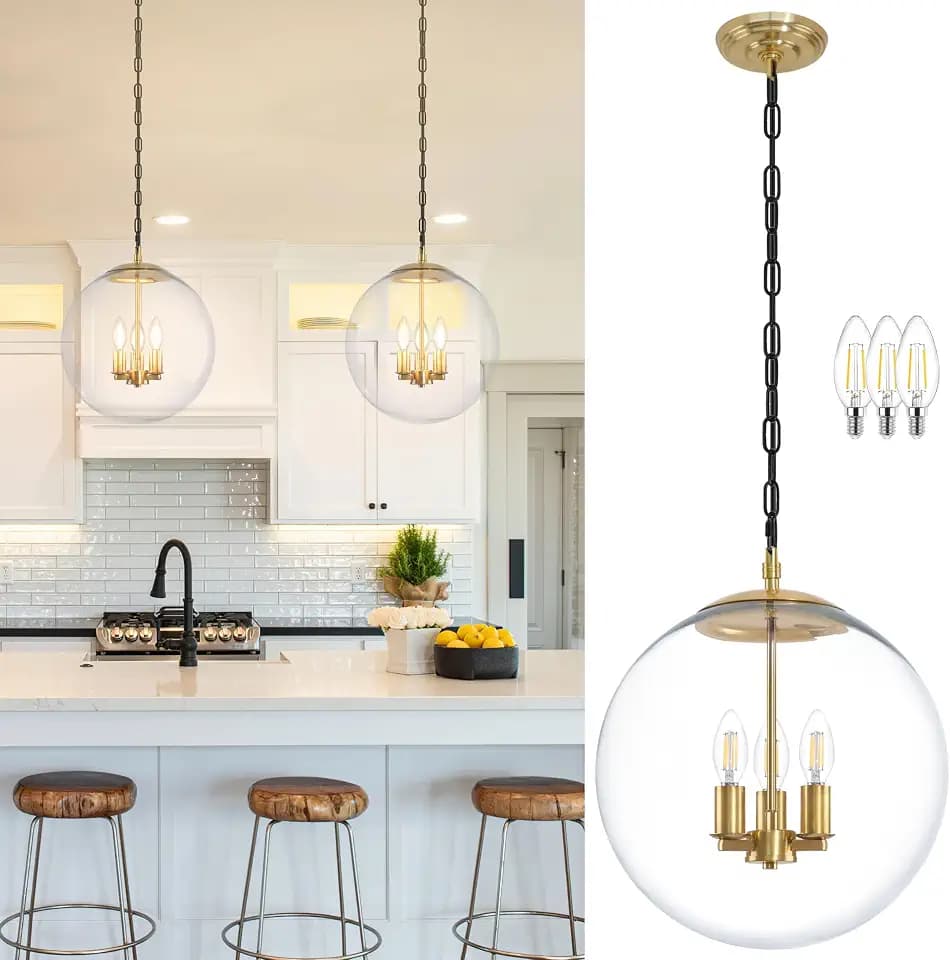 14" Gold Globe Pendant Light Mid Century Pendant Light Clear Glass Pendant Lights Kitchen Island Adjustable Hanging Light Fixture for Dining Room Bedroom Kitchen Island