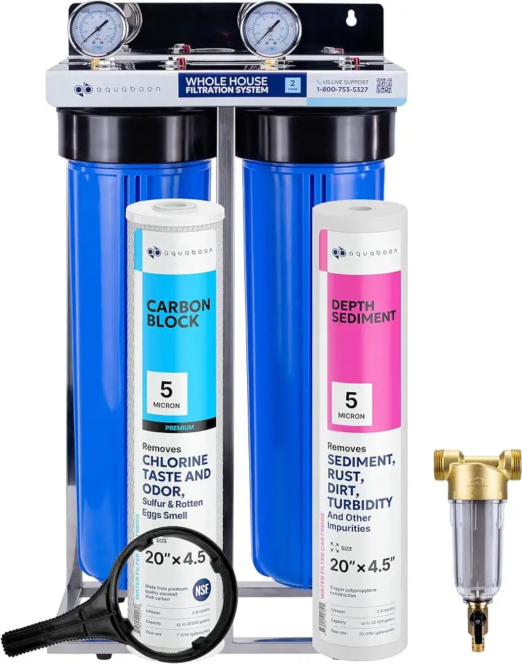 2-Stage Water Filter System 20x4.5 inch Comes with Sediment & Carbon Filters | Prefilter, Wrench, Gauge & Release, Freestanding Steel Frame Included