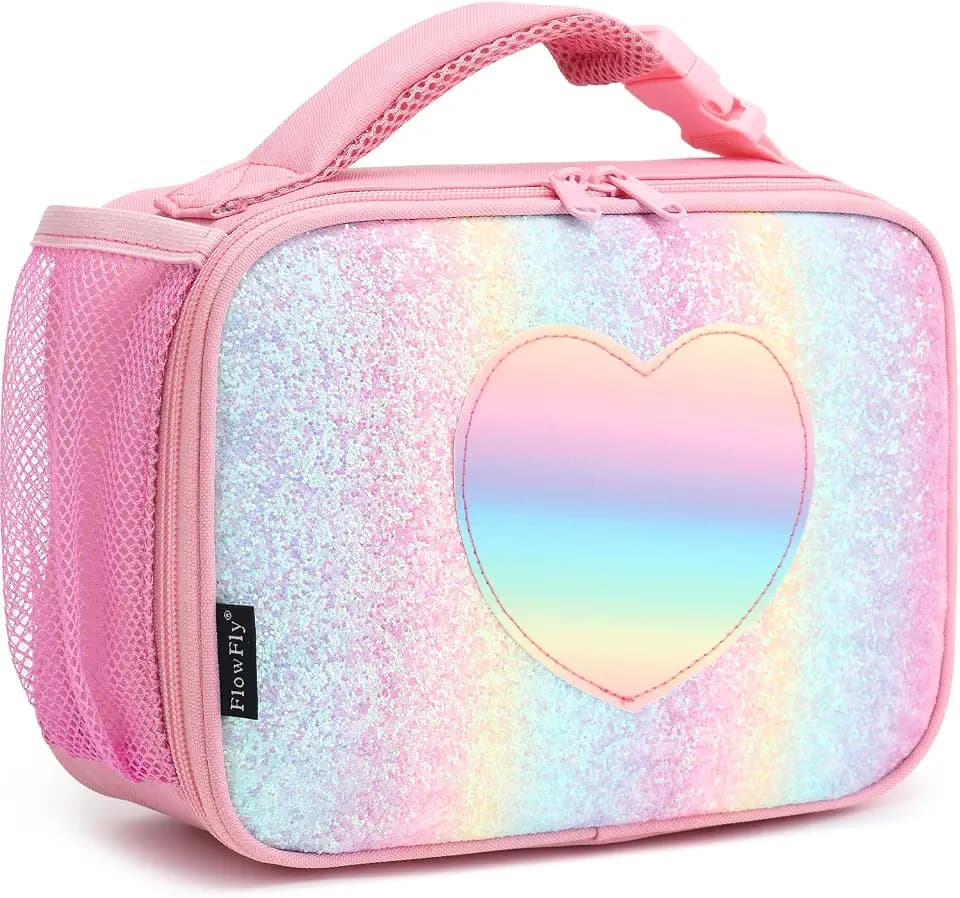 FlowFly Kids Lunch box Insulated Soft Bag Mini Cooler Back to School Thermal Meal Tote Kit for Girls, Boys, Glitter-RainBow