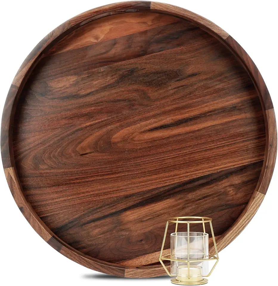 18" Extra Large Round Black Walnut Wood Ottoman Tray with Handles