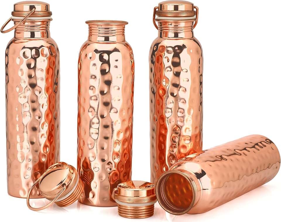 Pure Hammered Copper Water Bottles With Handle 4 Set, 34oz Each