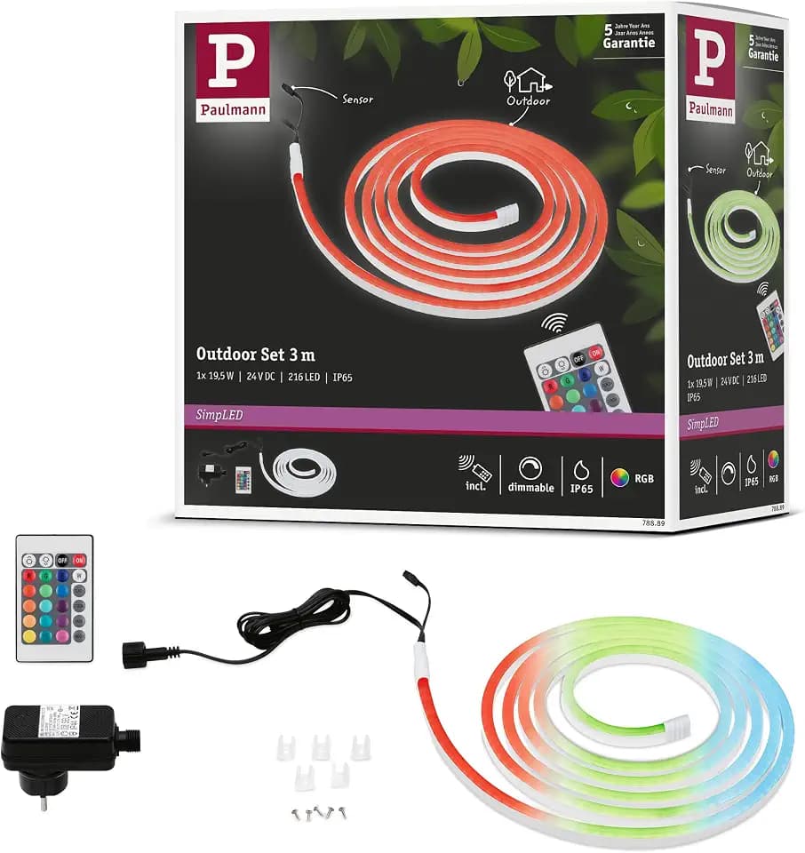 Paulmann 78889 LED Stripe SimpLED Outdoor 3m IP65 72LEDs/m RGB incl. 1x19,5 Watt dimmbar Lichtband Weiß Kunststoff